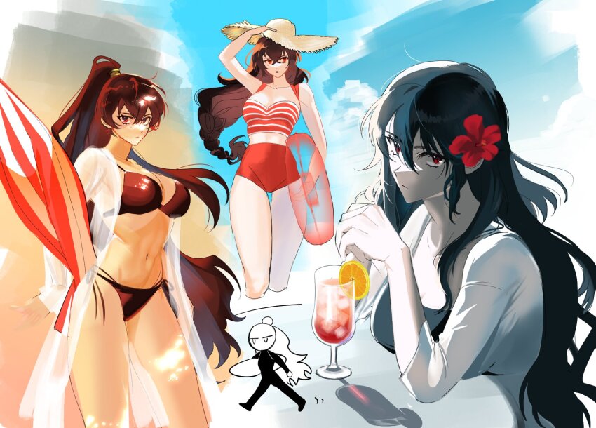 1girl, beach_umbrella, bikini, black_bikini, black_hair, braid, breasts, brown_hair, cleavage, closed_mouth, coat, flower, food, fruit, hair_flower, hair_ornament, hat, hibiscus, highres, ice, ice_cube, jajeon_liu, large_breasts, lemon, lemon_slice, library_of_ruina, long_hair, looking_at_viewer, low-braided_long_hair, low-tied_long_hair, multiple_views, project_moon, red_eyes, red_flower, red_shirt, red_shorts, see-through_clothes, shirt, shorts, side-tie_bikini_bottom, sidelocks, straw_hat, swimsuit, umbrella, very_long_hair, white_coat, xiao_(project_moon)