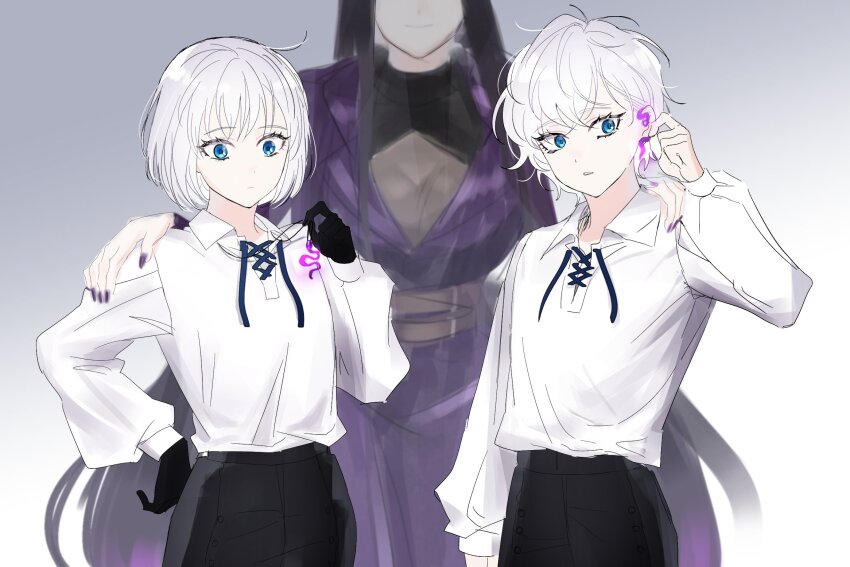 1boy, 2girls, aged_down, angelica_(project_moon), argalia_(project_moon), black_gloves, black_hair, black_pants