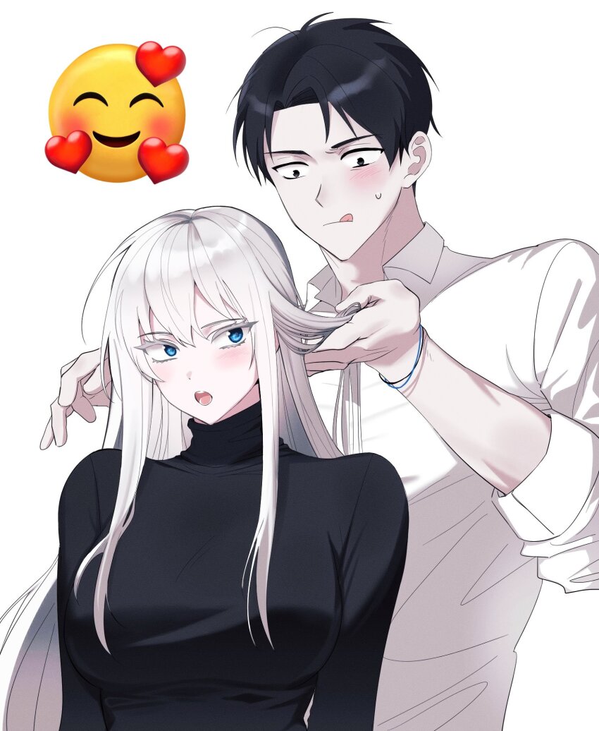 1boy, 1girl, angelica_(project_moon), black_eyes, black_hair, black_sweater, breasts, hair_tie