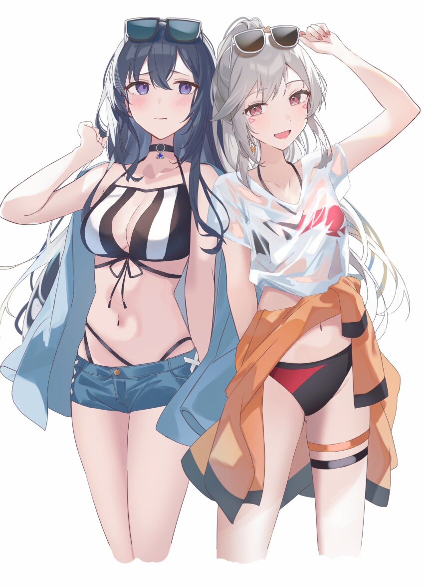 2girls, bikini, black_bikini, black_choker, black_hair, blue_eyes, blue_jacket, blue_shorts