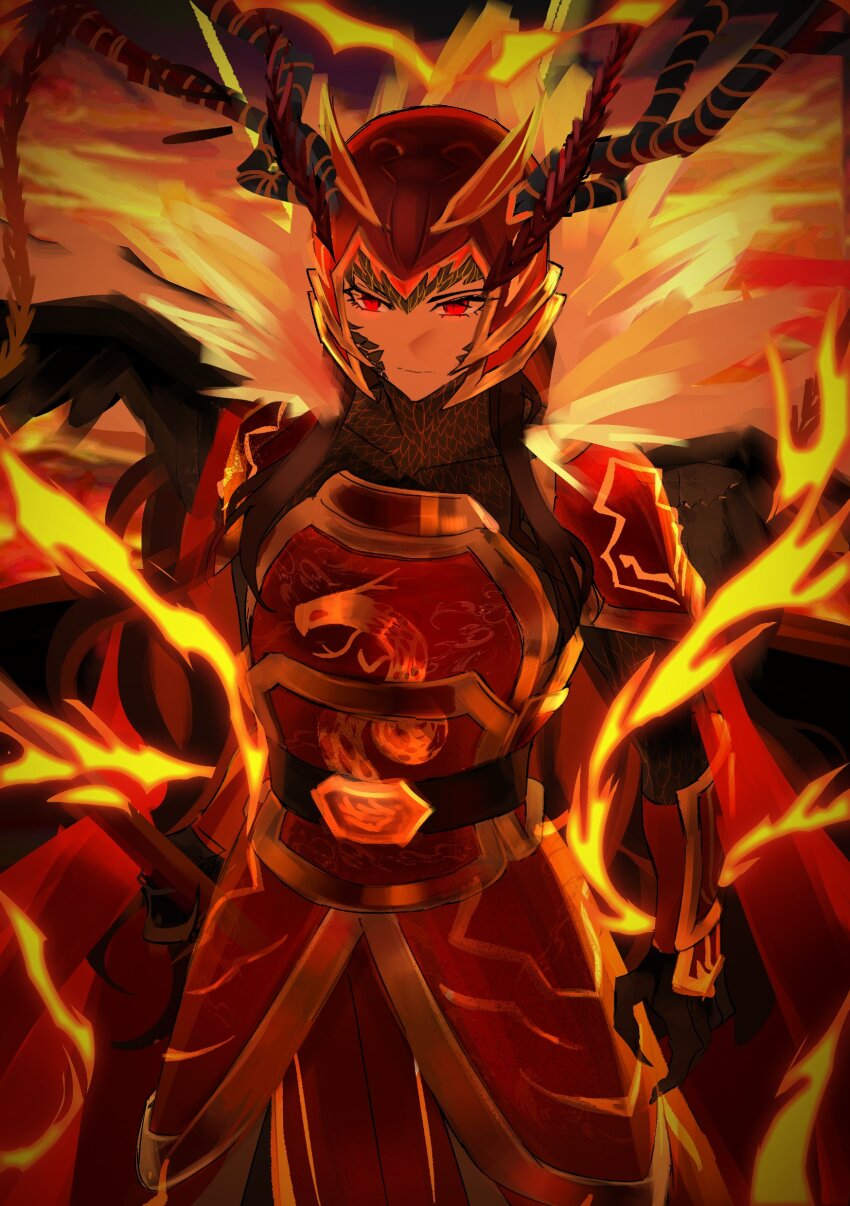 1girl, absurdres, antennae, armor, black_gloves, brown_hair, closed_mouth, dragon_horns