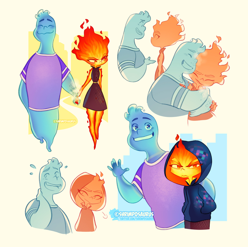 1boy, 1girl, black_dress, blue_eyes, closed_eyes, closed_mouth, diamond_print, dress, elemental_(creature), elemental_(movie), ember_(elemental), fire, fire_elemental, frown, hands_in_pockets, holding_hands, hood, hood_up, hoodie, hug, multiple_views, orange_eyes, purple_shirt, shirt, shrimposaurus, sleeveless, sleeveless_dress, smile, twitter_username, wade_(elemental)