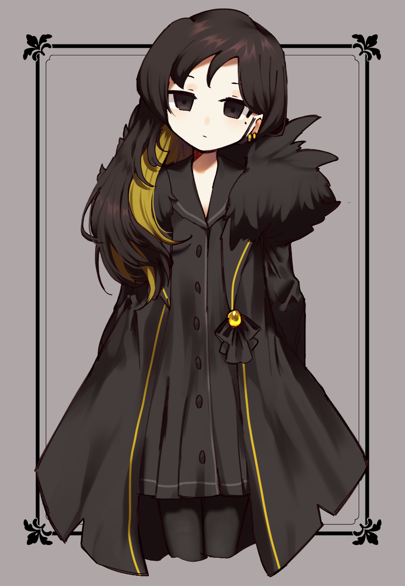 1girl, binah_(project_moon), black_coat, black_dress, black_eyes, black_hair, black_pantyhose, blonde_hair
