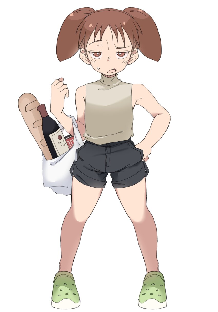 1girl, absurdres, azumanga_daiou, bag, black_shorts, bottle, bread, brown_eyes