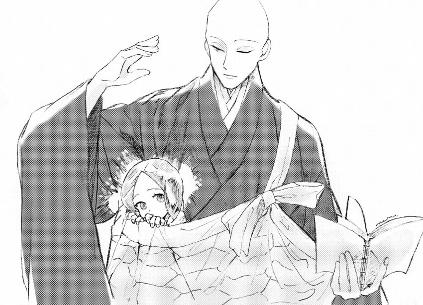1boy, 1other, aged_down, bald, book, commentary_request, curious, greyscale, hand_up, height_difference, highres, holding, holding_book, houseki_no_kuni, japanese_clothes, kesa, kimono, kongou_sensei, lililin, looking_at_another, looking_at_viewer, looking_down, monk, monochrome, one_eye_closed, open_book, peeking_out, phosphophyllite, robe, shared_clothes, short_hair, shy, signature, simple_background, upper_body