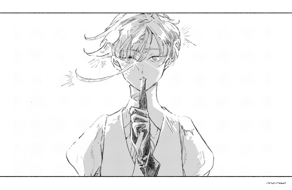 1other, antarcticite, border, collared_shirt, commentary, eyes_visible_through_hair, finger_to_mouth, floating_hair