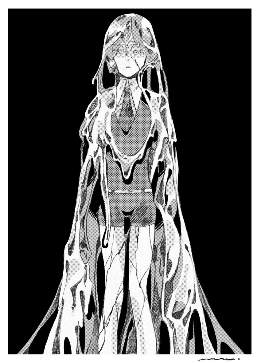 1other, border, collared_shirt, commentary, cracked_skin, depressed, empty_eyes, feet_out_of_frame, gem_uniform_(houseki_no_kuni), golden_arms, greyscale, highres, houseki_no_kuni, lililin, liquid, looking_at_viewer, monochrome, necktie, other_focus, phosphophyllite, shirt, short_hair, short_sleeves, signature, simple_background, solo, standing, wet