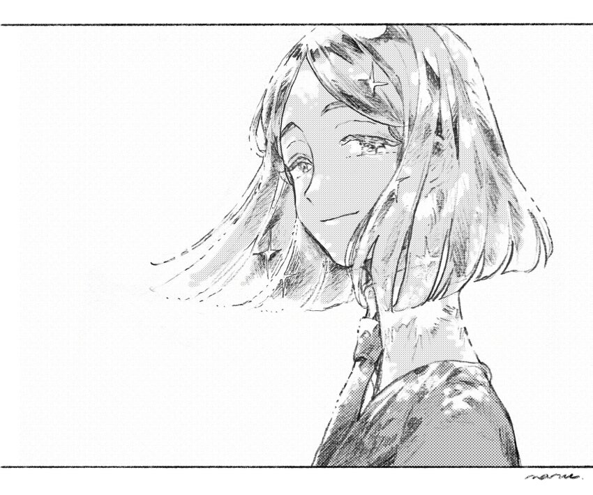 1other, bob_cut, border, collared_shirt, commentary, from_side, gem_uniform_(houseki_no_kuni), greyscale