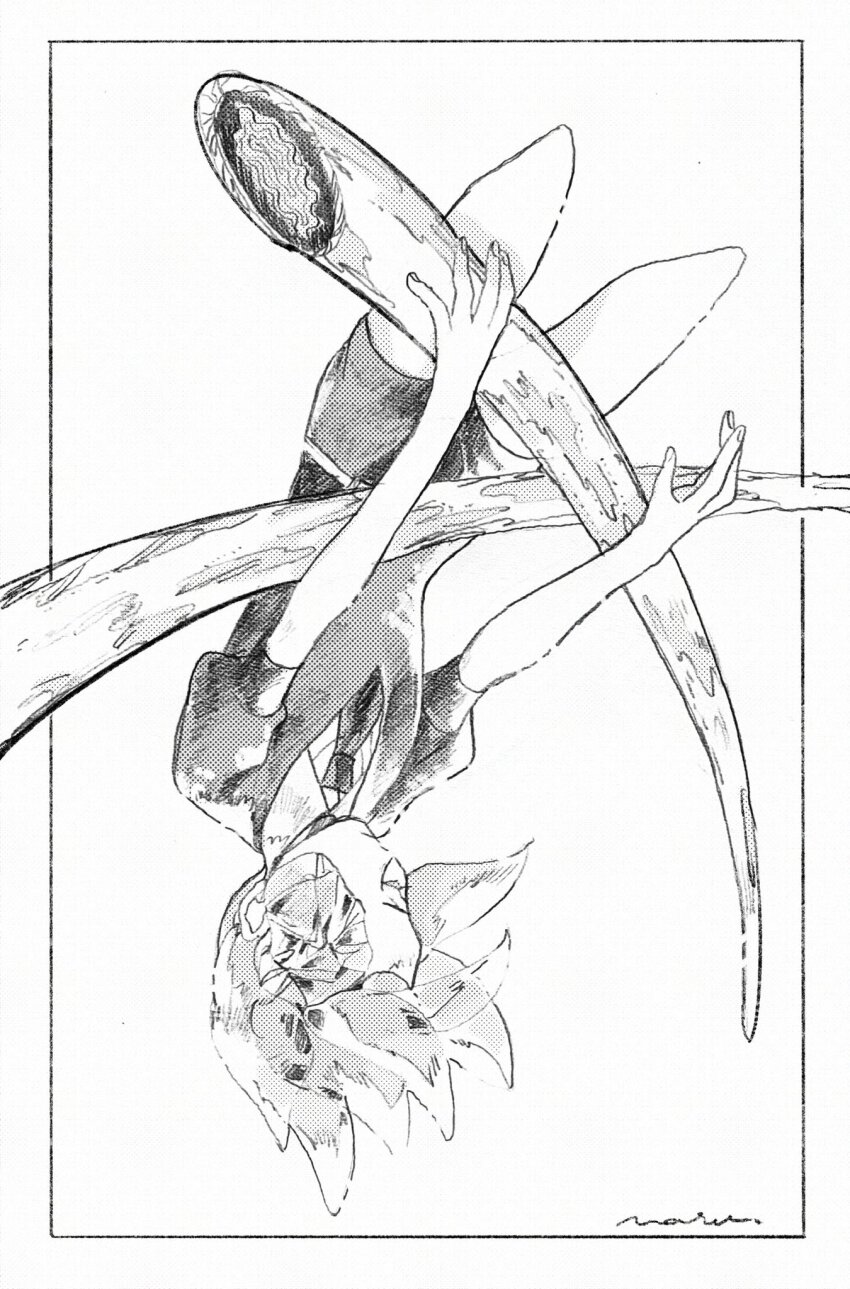 1other, amputee, bare_arms, border, closed_eyes, collared_shirt, commentary, crystal