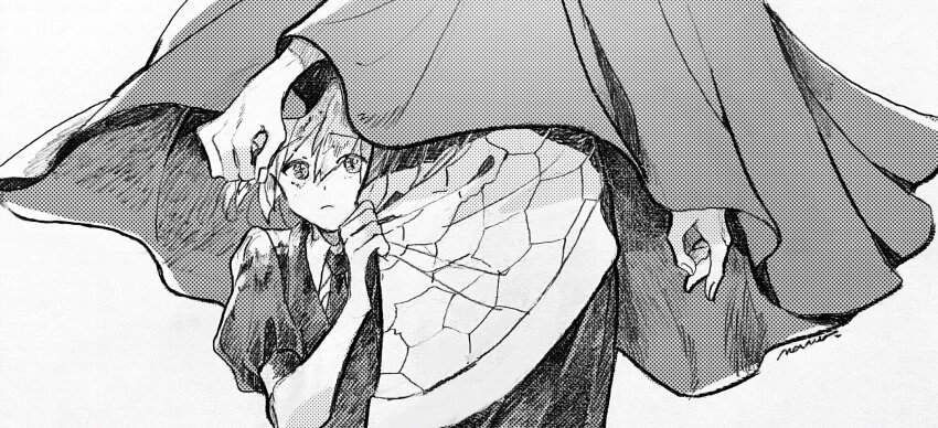 1boy, 1other, cloak, clothes_grab, collared_shirt, commentary, frown, gem_uniform_(houseki_no_kuni)