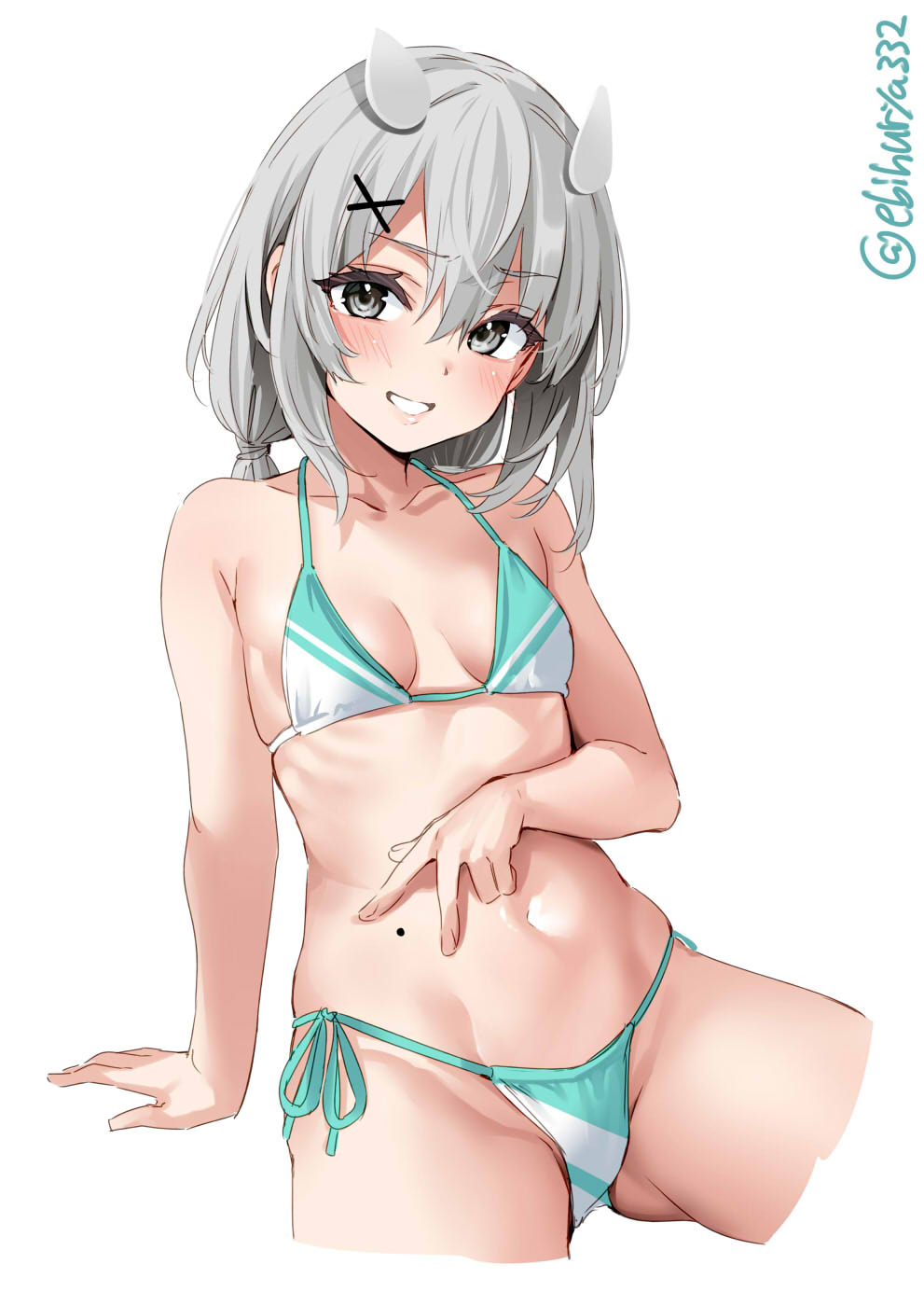 1girl, adapted_costume, bare_shoulders, bikini, blush, breasts, collarbone, cropped_legs