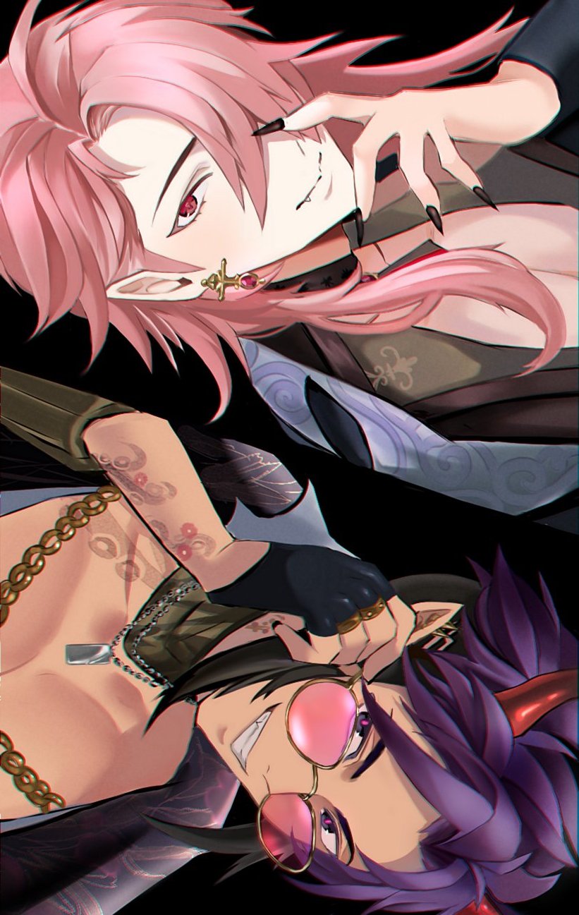 2boys, aster_(nu_carnival), aster_(scarlet_finesse)_(nu_carnival), black_eyes, dark-skinned_male, dark_skin, demon_boy, demon_horns