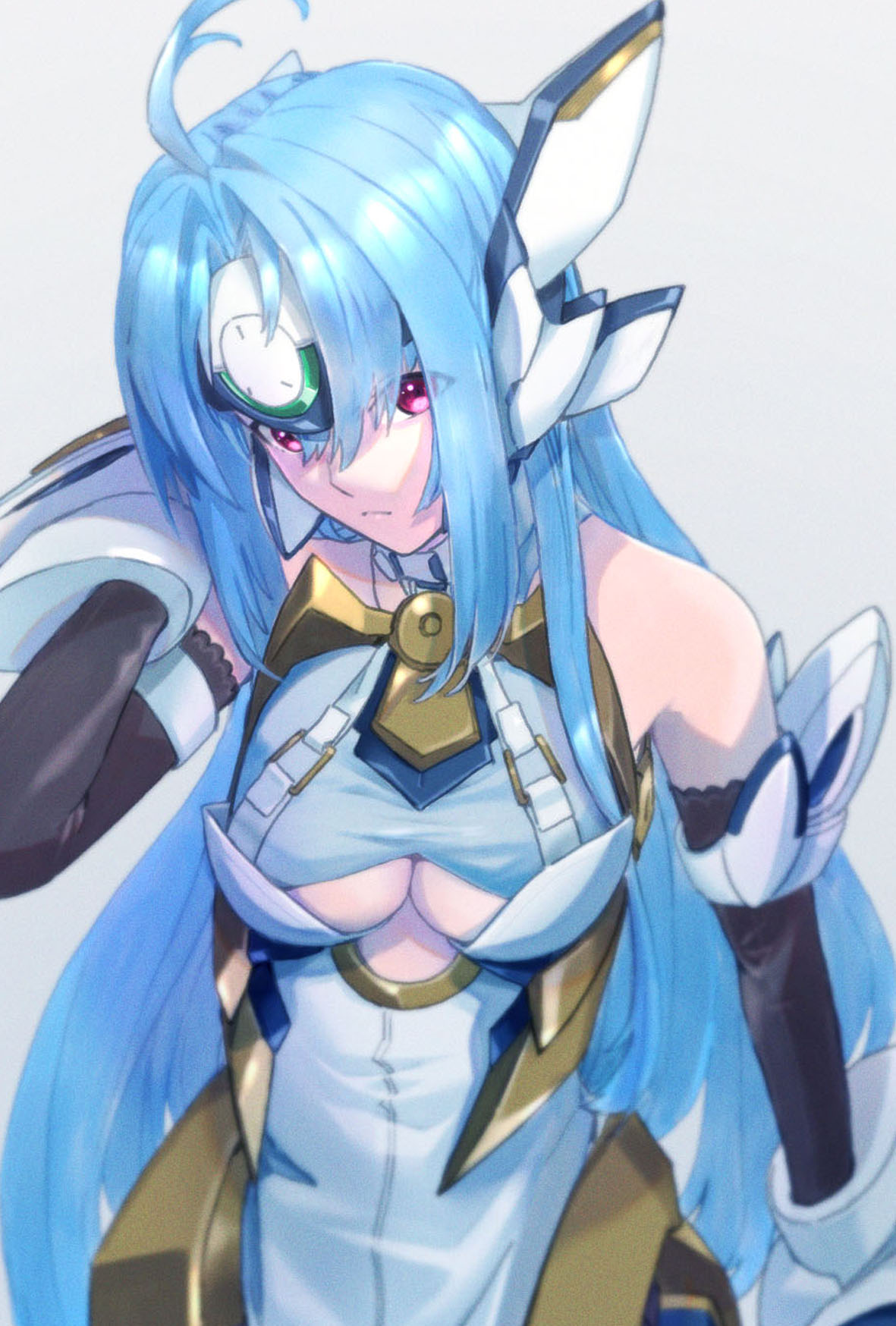 1girl, ahoge, android, bare_shoulders, blue_hair, boots, breasts, cleavage, cleavage_cutout, clothing_cutout, cyborg, elbow_gloves, forehead_protector, gloves, headgear, highres, huge_ahoge, kos-mos, kos-mos_ver._4, long_hair, looking_at_viewer, medium_breasts, red_eyes, robot_ears, shaded_face, solo, tatuya3363, thigh_boots, xenosaga