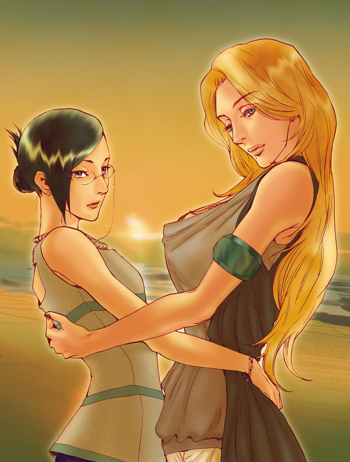 2girls, armlet, bare_arms, bare_shoulders, beach, black_hair, bleach, blonde_hair, blue_eyes, bracelet, closed_mouth, couple, earrings, eyebrows_hidden_by_hair, eyes_visible_through_hair, gekkousha, glasses, green_eyes, half-closed_eyes, hug, ise_nanao, jewelry, lips, long_hair, looking_at_viewer, matsumoto_rangiku, mole, mole_under_mouth, multiple_girls, neck, necklace, ocean, outdoors, parted_bangs, pearl_necklace, sand, short_hair, straight_hair, sunset, swept_bangs, water, yuri