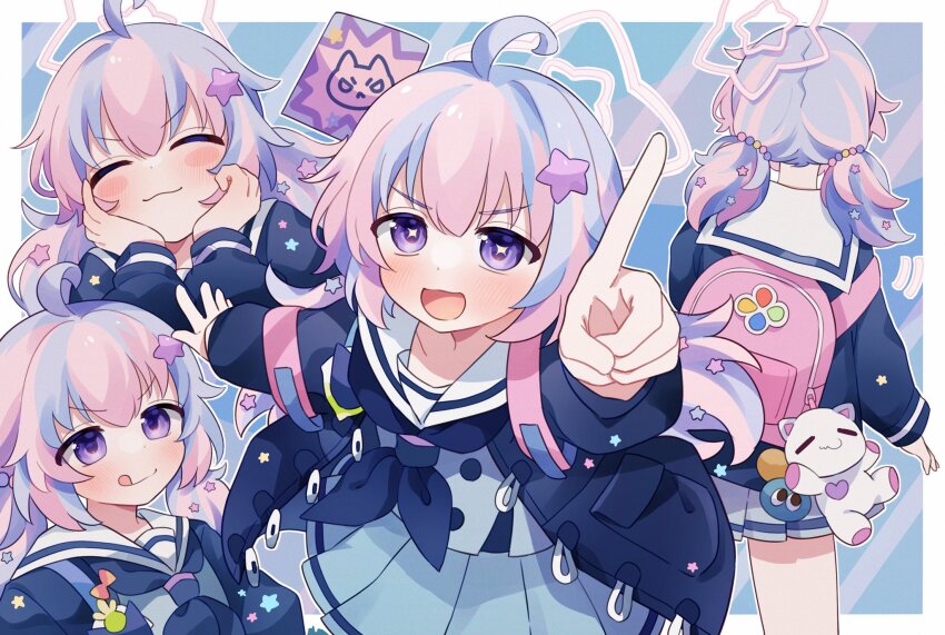 1girl, ^_^, ahoge, backpack, bag, blue_archive, blue_hair, blue_neckerchief