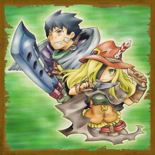 1boy, 1girl, armor, atlus, bad_id, bad_pixiv_id, bandages, belt