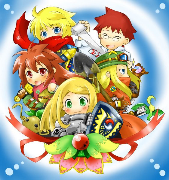 2boys, 3girls, :d, ^_^, alchemist_(sekaiju), alchemist_3_(sekaiju), armor, arrow_(projectile)