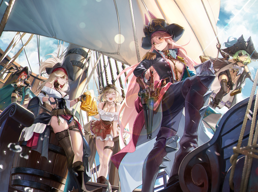 5girls, barrel, beer_mug, bikini, black_bikini, black_dress, black_footwear, black_headscarf, black_jacket, black_pants, black_thighhighs, blonde_hair, blue_headwear, blue_sky, blurry, bokeh, boots, breasts, cape, character_request, cleavage, closed_eyes, cloud, cup, depth_of_field, dress, eyepatch, girls'_frontline, green_eyes, green_hair, hat, headscarf, highres, holding, holding_cup, jacket, kh2002_(black_earl)_(girls'_frontline), kh2002_(girls'_frontline), knee_boots, kord_(captain_kord)_(girls'_frontline), kord_(girls'_frontline), large_breasts, long_hair, looking_at_another, mug, multiple_girls, official_art, official_wallpaper, open_mouth, pants, pink_hair, pirate_costume, pirate_hat, pouch, ptrd_(crimson_vortex)_(girls'_frontline), ptrd_(girls'_frontline), red_eyes, red_hair, red_skirt, sail, sailing_ship, shirt, short_hair, sig_mcx_(girls'_frontline), sig_mcx_(kraken_huntress)_(girls'_frontline), single_thighhigh, skirt, sky, smile, sunlight, swimsuit, thigh_pouch, thighhighs, ts12_(girls'_frontline), ts12_(redheaded_demon_queen_of_the_seas)_(girls'_frontline), white_shirt