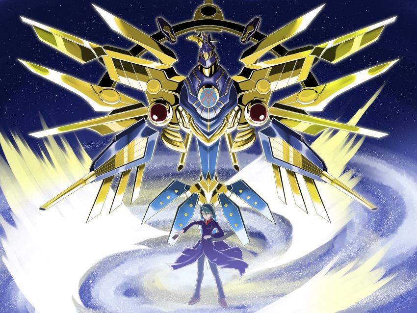 1boy, android, artist_request, beak, bird, coat, duel_monster, flying, frown, full_body, green_hair, highres, kurosaki_shun_(yu-gi-oh!), looking_at_viewer, mechanical_wings, multicolored_hair, purple_coat, raidraptor_-_ultimate_falcon, red_scarf, scarf, standing, two-tone_hair, wings, yellow_eyes, yu-gi-oh!, yu-gi-oh!_arc-v