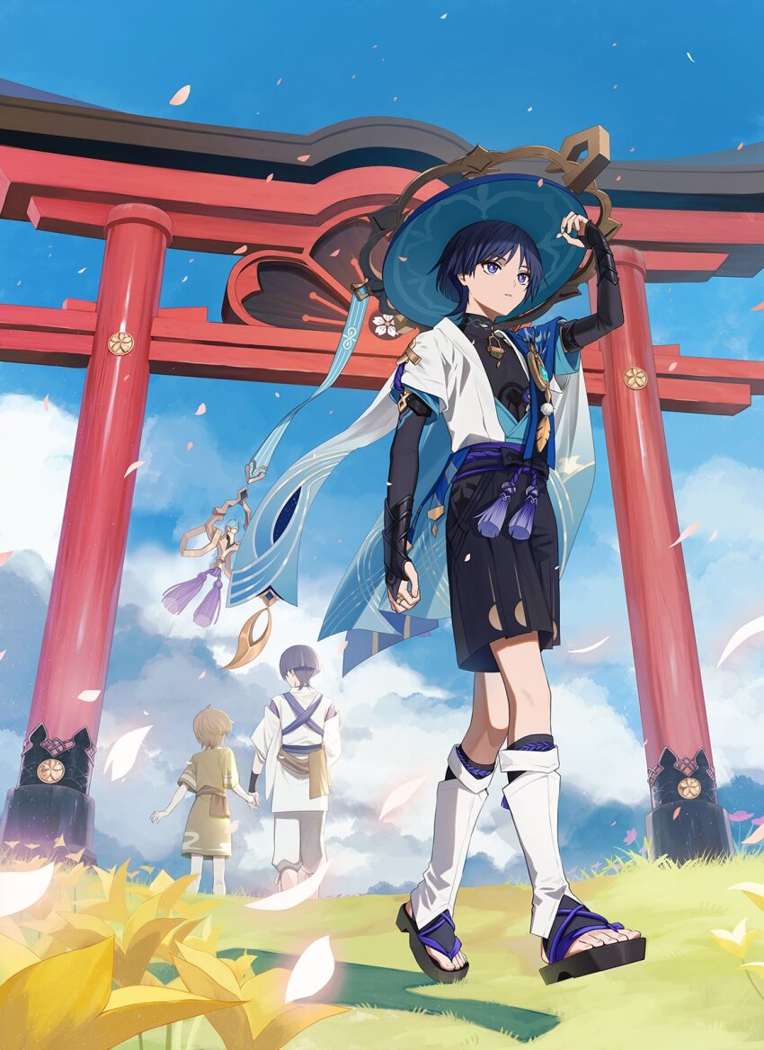 arm_up, armor, back, baggy_pants, belt, black_belt, black_bow, black_footwear, black_gloves, black_shirt, black_shorts, black_socks, blue_belt, blue_cape, blue_eyes, blue_gem, blue_hair, blue_headwear, blue_sky, blunt_ends, bow, brown_belt, cape, chinikuniku, cloud, cloud_print, cloudy_sky, covered_collarbone, dark_blue_hair, day, detached_sleeves, dual_persona, elbow_gloves, eyeshadow, fingerless_gloves, fingernails, flower, gem, genshin_impact, gloves, gold_trim, grass, green_shirt, green_skirt, hat, highres, holding, holding_hands, japanese_armor, jewelry, jingasa, kote, kurokote, leaf, leg_warmers, light_brown_hair, long_sleeves, looking_to_the_side, makeup, mandarin_collar, missing_headwear, official_alternate_costume, open_clothes, open_vest, outdoors, pants, parted_bangs, petals, pink_flower, pom_pom_(clothes), purple_belt, purple_hair, purple_shirt, red_eyeshadow, ribbon, ring, sandals, scaramouche's_sickly_friend_(genshin_impact), scaramouche_(genshin_impact), scaramouche_(kabukimono)_(genshin_impact), shadow, shirt, short_hair, short_sleeves, shorts, skirt, sky, sleeveless, sleeveless_shirt, socks, t-shirt, tassel, teeth, toenails, torii, vest, vision_(genshin_impact), walking, wanderer_(genshin_impact), white_pants, white_ribbon, white_vest, wide_sleeves, yellow_flower