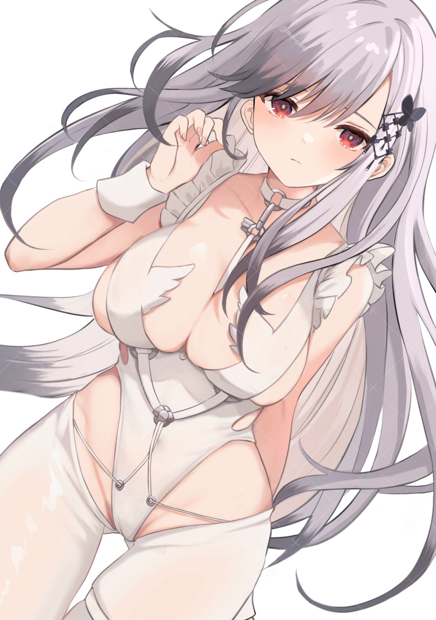 1girl, absurdres, alternate_costume, arm_behind_back, asymmetrical_bangs, azur_lane, between_breasts, breasts