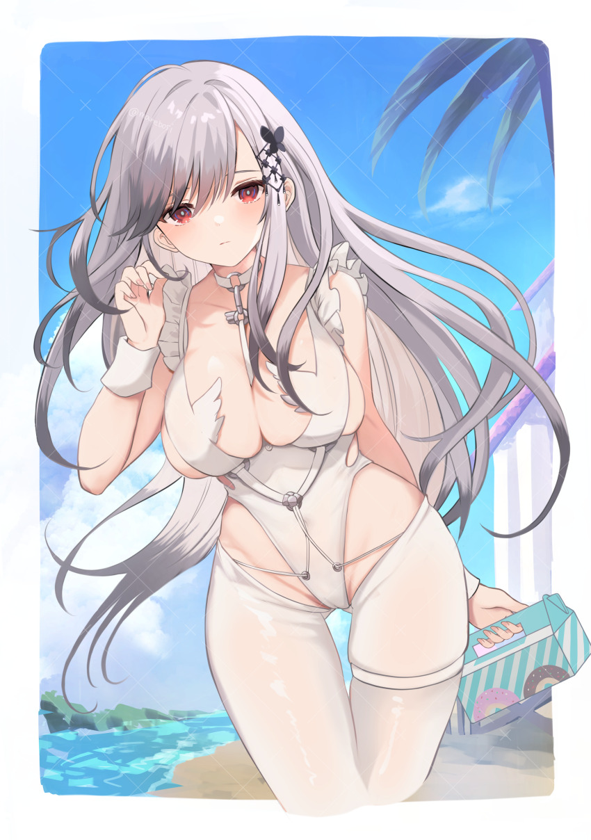 1girl, absurdres, alternate_costume, asymmetrical_bangs, azur_lane, between_breasts, box, breasts, butterfly_hair_ornament, choker, cleavage, closed_mouth, commission, cosplay, cowboy_shot, crotchless, crotchless_pantyhose, day, dunkerque_(azur_lane), female_focus, gift, gift_box, gluteal_fold, grey_hair, groin, hair_ornament, hair_spread_out, hand_up, highres, holding, holding_box, large_breasts, le_malin_(azur_lane), le_malin_(azur_lane)_(cosplay), le_malin_(listless_lapin)_(azur_lane), leotard, long_hair, looking_at_viewer, marekamico, o-ring, o-ring_choker, official_alternate_costume, outdoors, pantyhose, red_eyes, sidelocks, skeb_commission, skindentation, solo, strap_between_breasts, thigh_gap, thighs, white_leotard, white_pantyhose, white_wrist_cuffs, wrist_cuffs
