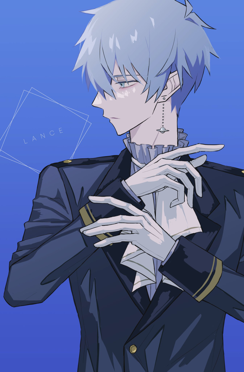 1boy, ascot, blue_background, blue_eyes, character_name, earrings, gloves, grey_hair
