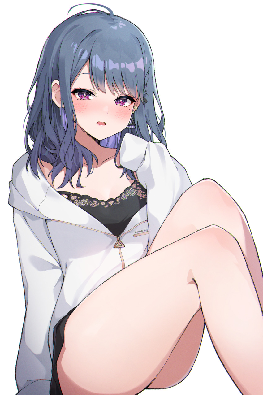 1girl, absurdres, ahoge, black_shirt, black_skirt, blue_hair, blush, bright_pupils