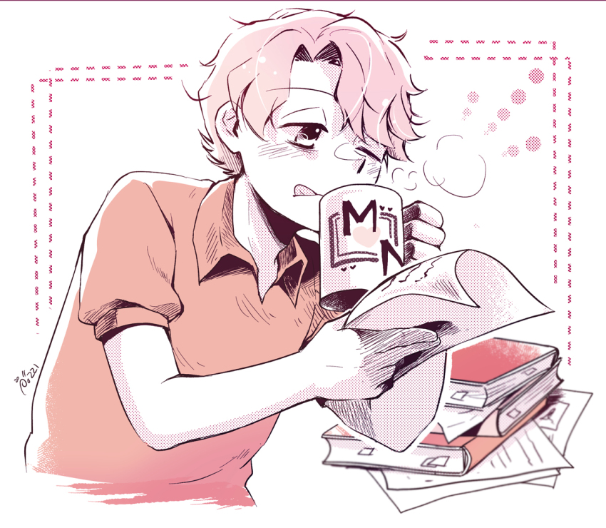 1boy, bags_under_eyes, bill_(pokemon), book, book_stack, coffee_mug, collared_shirt, cup