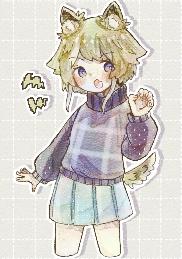 1girl, animal_ear_fluff, animal_ears, arm_at_side, blonde_hair, blue_skirt, blush, claw_pose