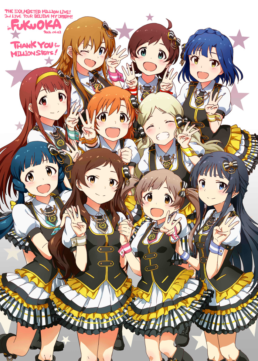 6+girls, :d, absurdres, ahoge, ayano_yuu_(sonma_1426), black_bow, black_footwear, black_hair