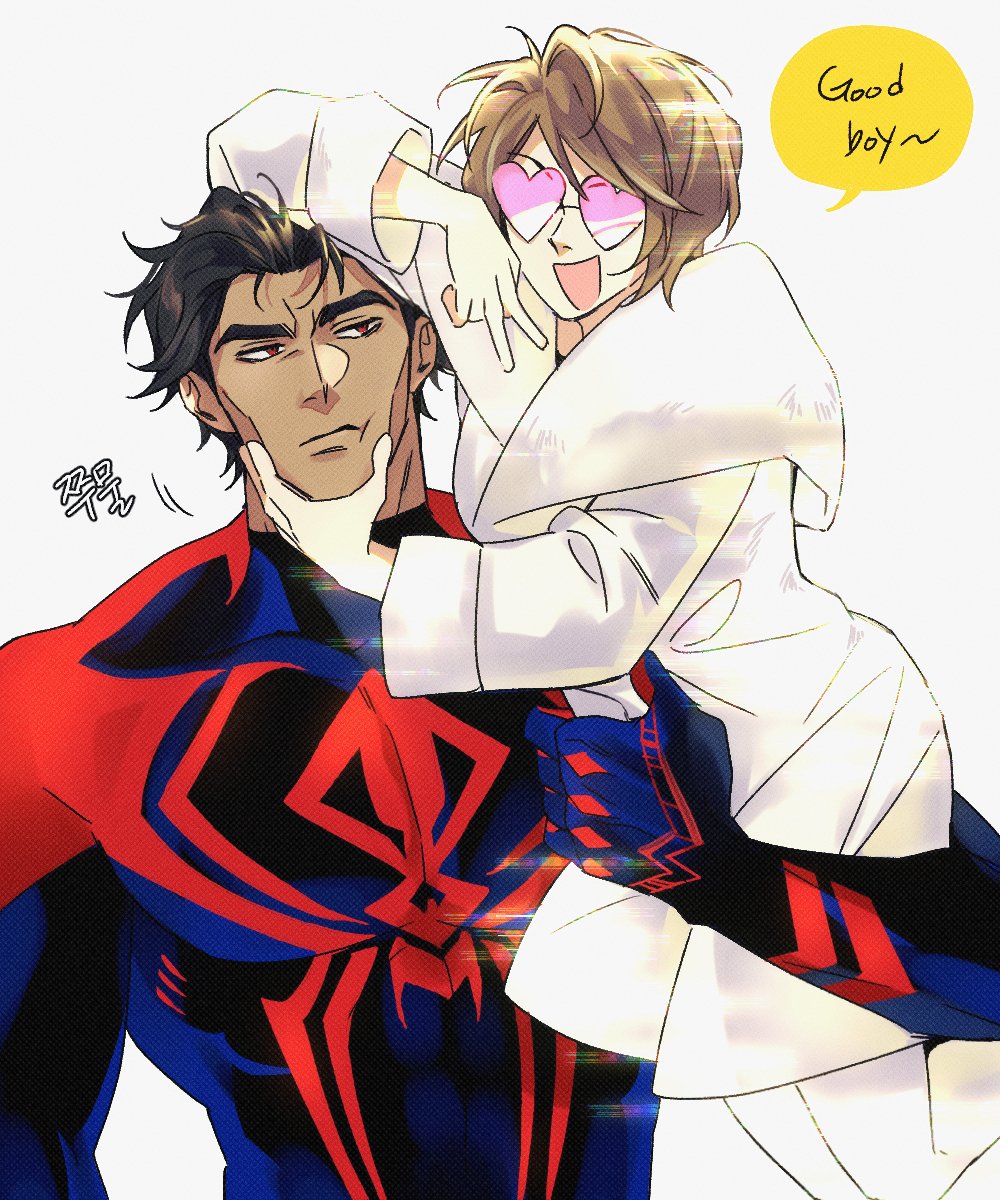 1boy, 1girl, animal_print, blue_bodysuit, bodysuit, broad_shoulders, brown_hair, cheekbones, dark-skinned_male, dark_skin, english_text, glasses, glowing_bodysuit, gugusam0, hair_slicked_back, heart, heart-shaped_eyewear, highres, large_pectorals, lyla_(marvel), marvel, miguel_o'hara, multicolored_bodysuit, muscular, muscular_male, opaque_glasses, opaque_sunglasses, pectorals, print_bodysuit, red_bodysuit, red_eyes, short_hair, skin_tight, speech_bubble, spider-man, spider-man:_across_the_spider-verse, spider-man_(2099), spider-man_(series), spider-verse, spider_print, thick_eyebrows, two-tone_bodysuit