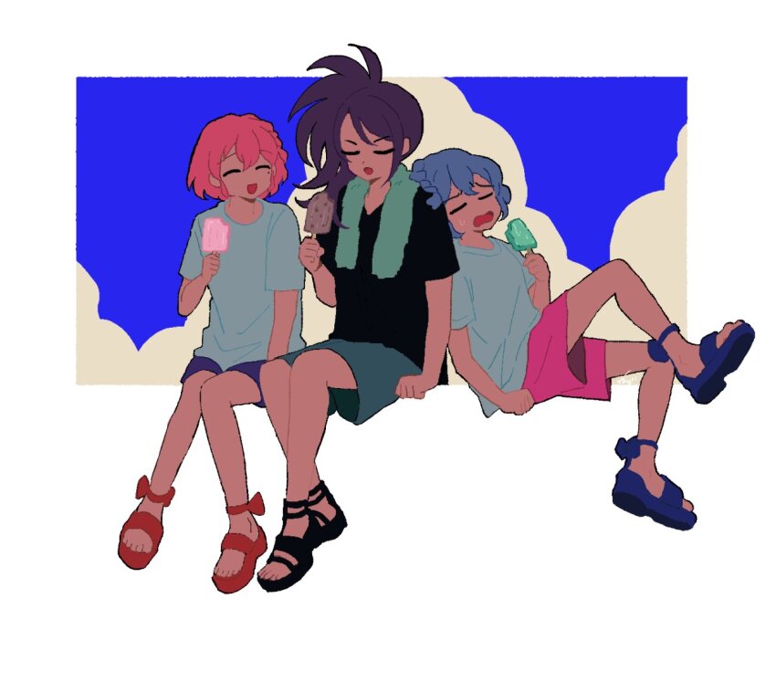 1boy, 2girls, :d, alternate_costume, black_footwear, black_shirt, blue_footwear, blue_hair