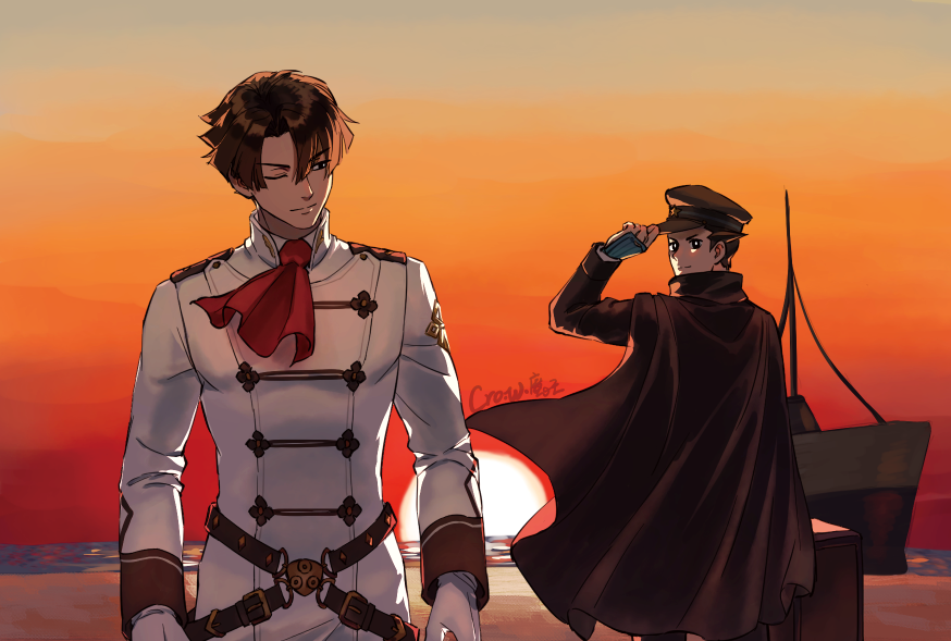 2boys, ace_attorney, artist_name, ascot, beach, belt, black_cape, black_eyes