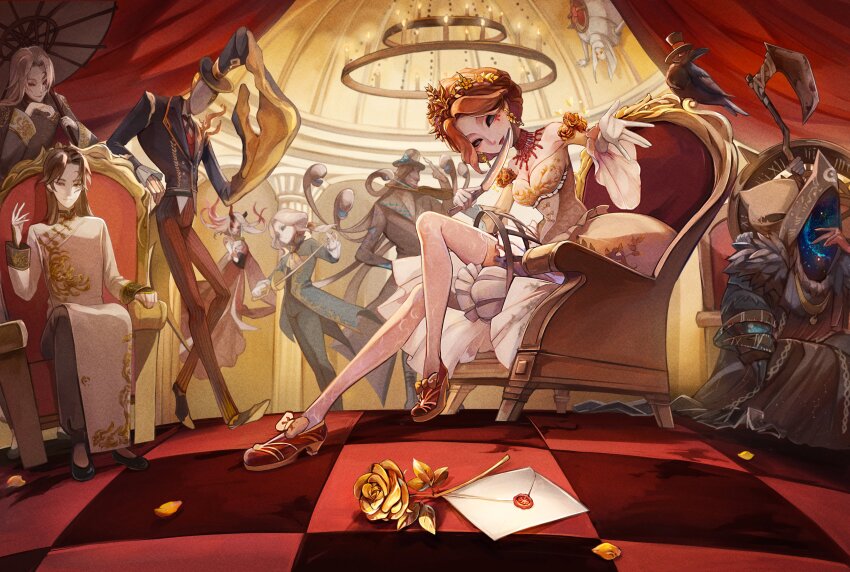 3girls, 6+boys, absurdres, analog_clock, antonio_(identity_v), arm_tattoo, armchair, arthropod_girl