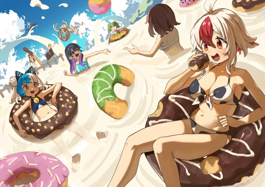 6+girls, ahoge, bare_arms, bare_legs, bare_shoulders, barefoot, bell, bikini