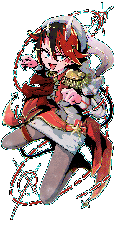 1girl, ascot, bane_mk-2, black_hair, blue_eyes, brown_pantyhose, commentary_request, demon_girl