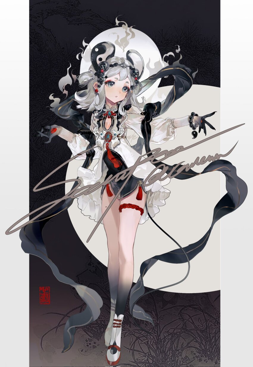 1girl, bare_legs, black_gloves, bow, bowtie, bracelet, chinese_clothes, earrings