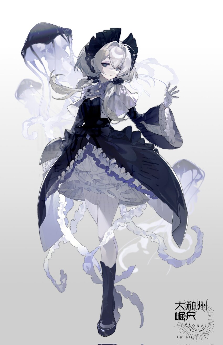 1girl, ahoge, animal, black_dress, black_footwear, black_ribbon, blue_eyes, closed_mouth, dress, gillannn, gloves, grey_background, grey_hair, hair_between_eyes, hair_ornament, hair_ribbon, highres, jellyfish, long_sleeves, looking_to_the_side, medium_hair, original, pale_skin, ribbon, serious, short_twintails, sidelocks, simple_background, solo, standing, tentacles, twintails, watermark, white_gloves