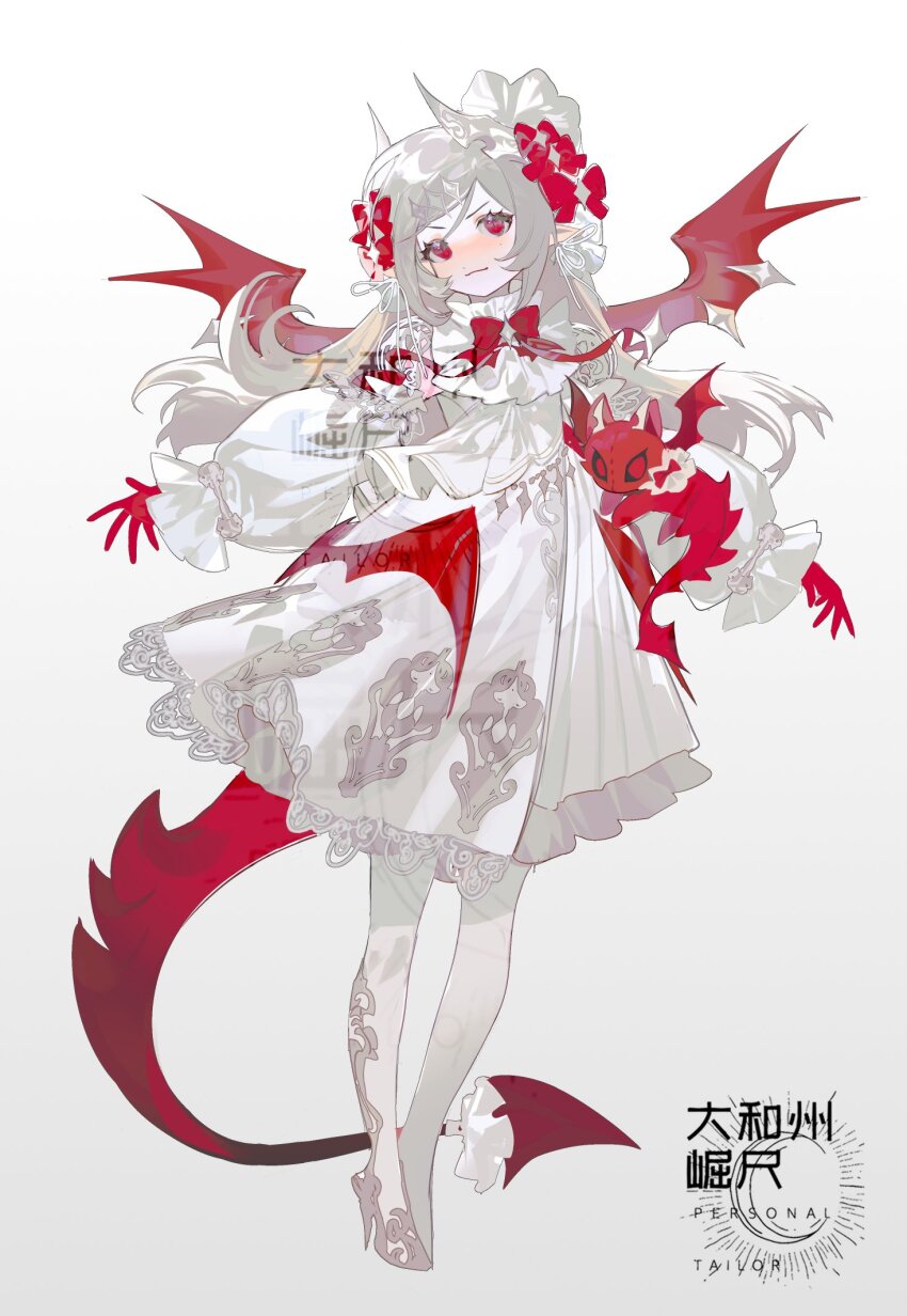 1girl, black_gloves, boots, bow, bowtie, closed_mouth, dragon, dragon_tail, dragon_wings, dress, gillannn, gloves, grey_background, grey_hair, hair_between_eyes, hair_ornament, hair_ribbon, high_heels, highres, horns, light_blush, long_hair, long_sleeves, looking_at_viewer, original, patterned_clothing, pointy_ears, red_eyes, red_gloves, red_ribbon, red_wings, ribbon, sidelocks, simple_background, smile, solo, standing, tail, watermark, white_dress, wings