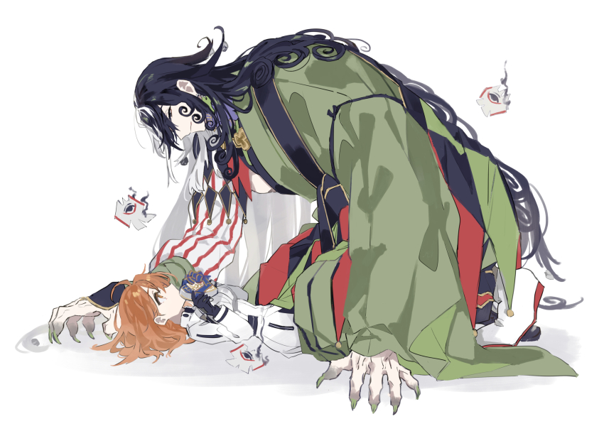 1boy, 1girl, ashiya_douman_(fate), black_eyes, black_gloves, black_hair, commentary_request, earrings