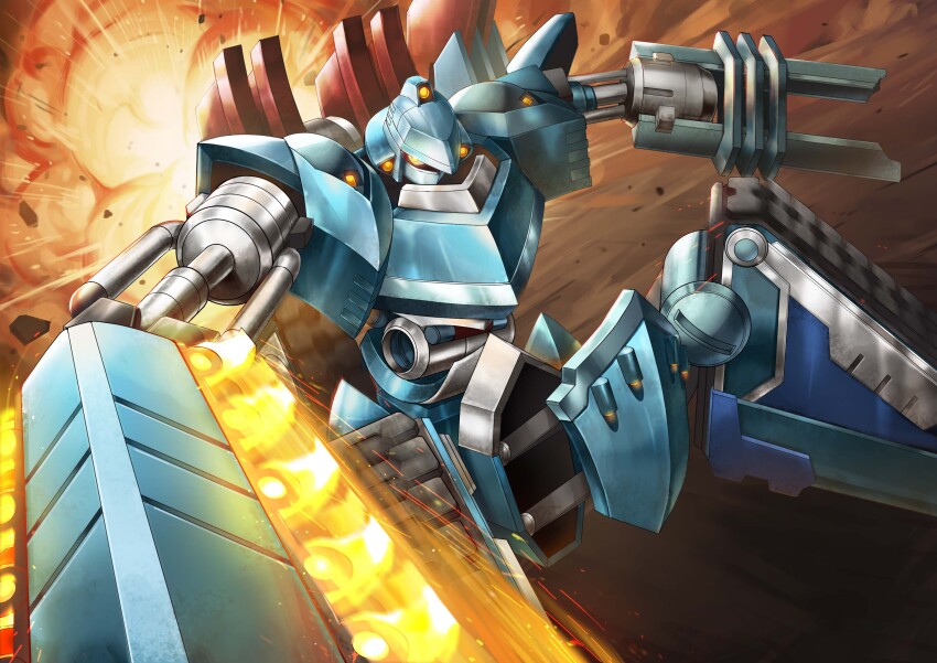 1other, absurdres, armor, cannon, caterpillar_tracks, chainsaw, duel_monster, dutch_angle