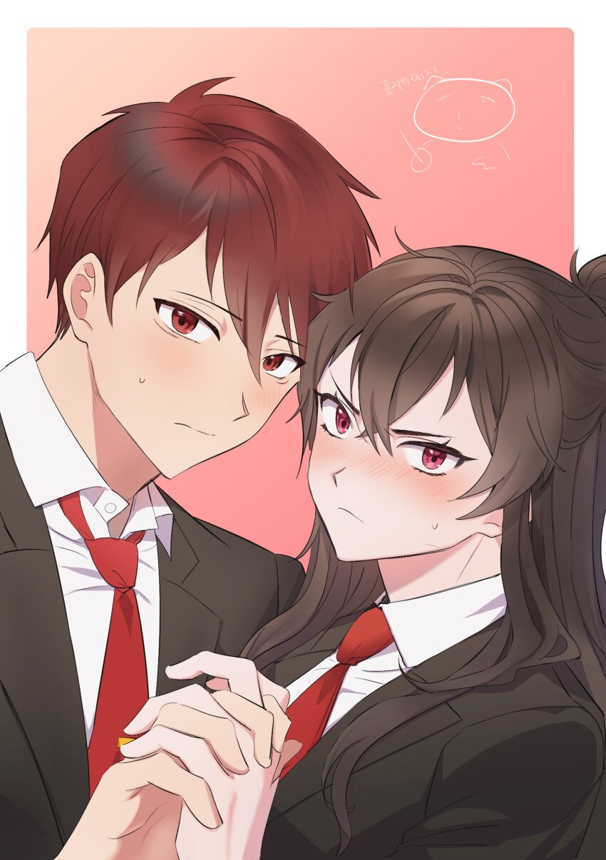 1boy, 1girl, absurdres, black_jacket, blush, brown_hair, closed_mouth, collared_shirt
