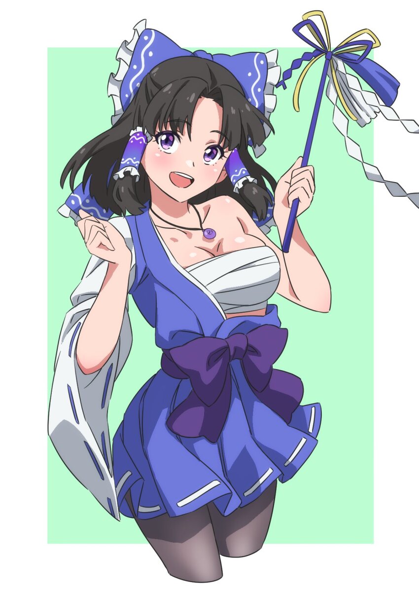 1girl, black_hair, blue_bow, blue_dress, blue_eyes, bow, breasts, chest_sarashi