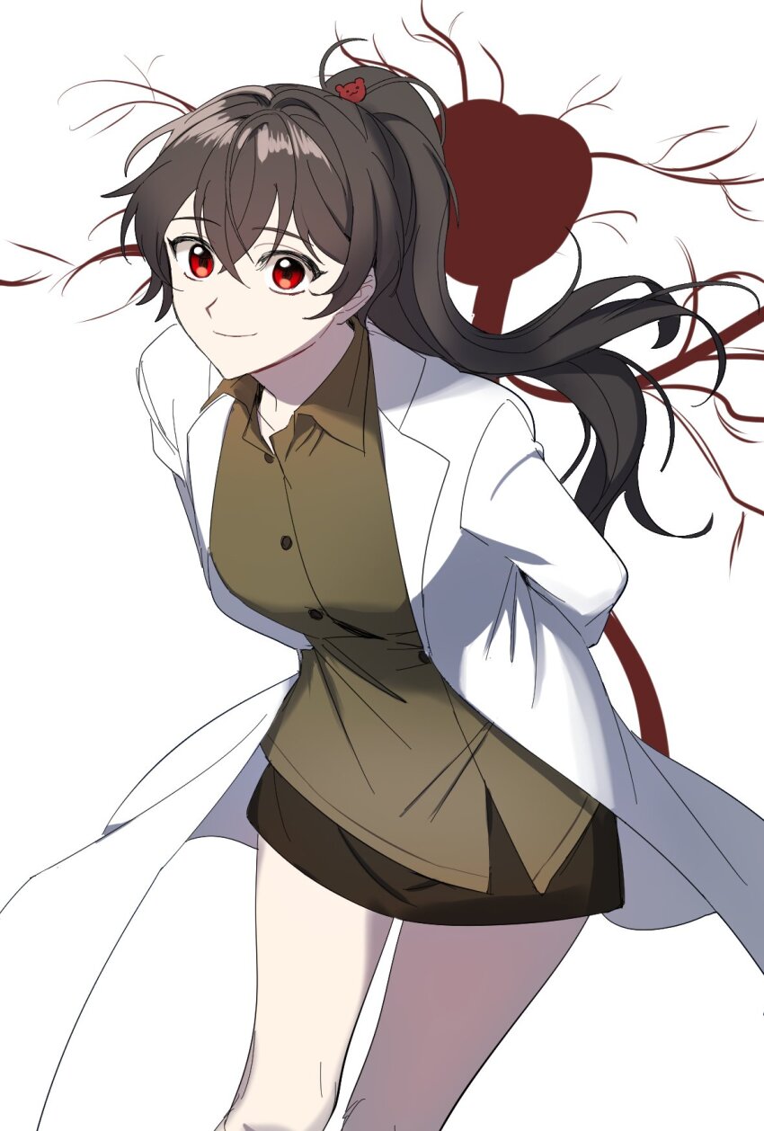 1girl, arms_behind_back, brain, breasts, brown_hair, carmen_(project_moon), closed_mouth, coat, collared_shirt, green_shirt, high_ponytail, highres, jajeon_liu, lobotomy_corporation, long_hair, long_sleeves, looking_at_viewer, medium_breasts, nervous_system, ponytail, project_moon, red_eyes, shirt, simple_background, smile, solo, very_long_hair, white_background, white_coat