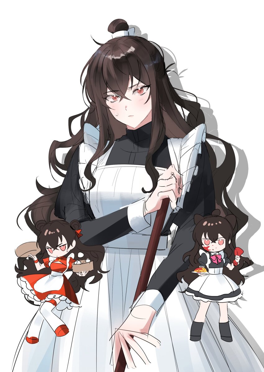 1girl, absurdres, apron, bamboo_steamer, black_dress, black_socks, broom, brown_hair