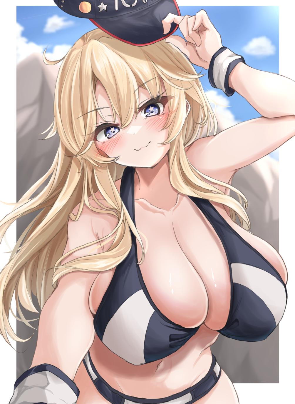 1girl, bikini, blonde_hair, blue_bikini, blush, breasts, cleavage, collarbone