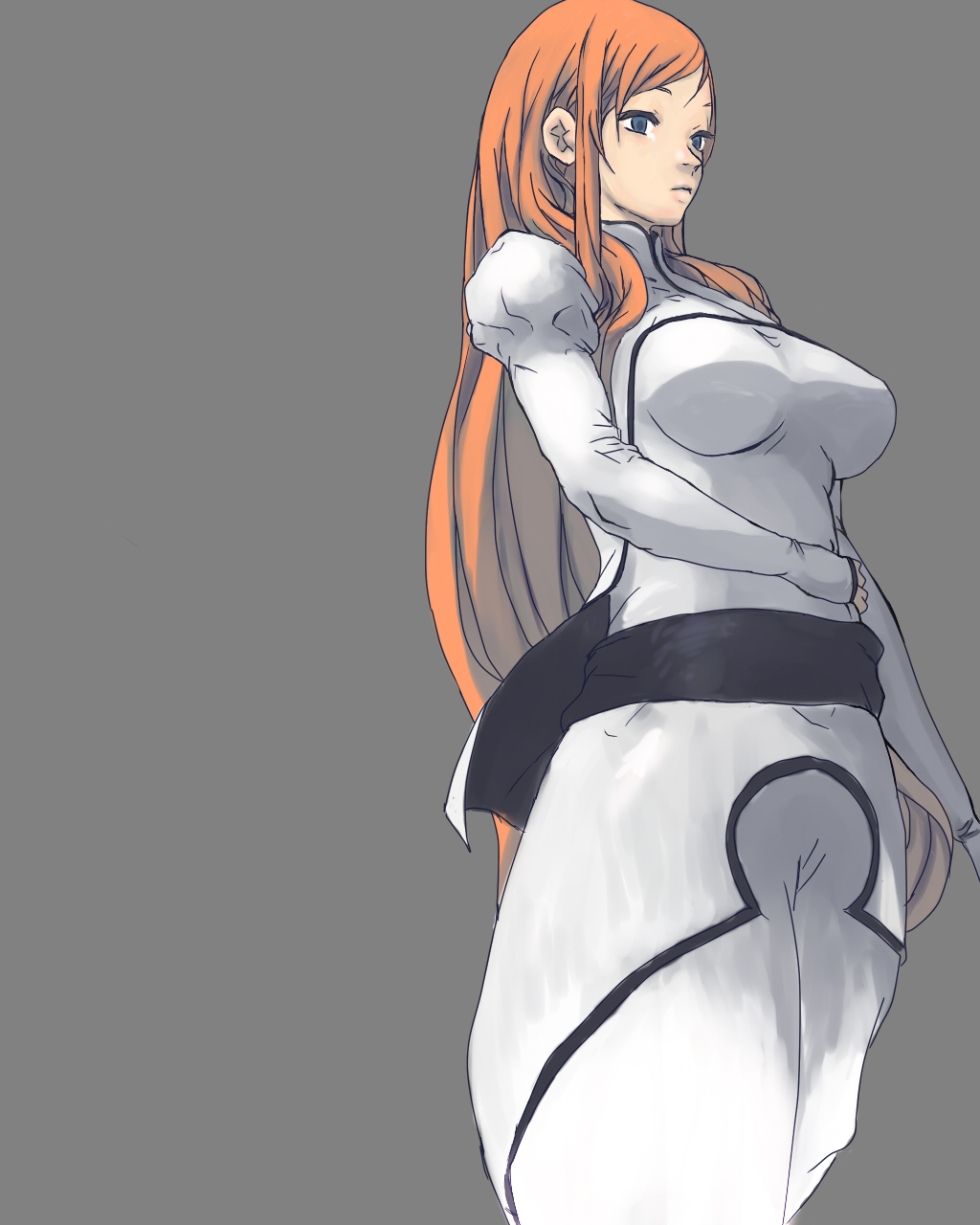 bleach, breasts, highres, inoue_orihime, large_breasts, long_hair, orange_hair, shougosan, simple_background