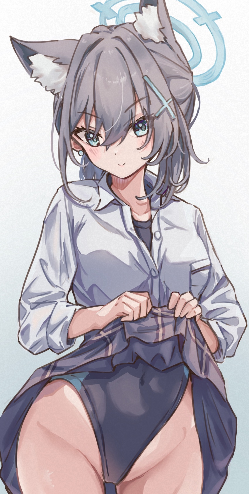 1girl, absurdres, animal_ear_fluff, animal_ears, black_one-piece_swimsuit, blue_archive, blue_eyes, clothes_lift, collared_shirt, commentary_request, competition_swimsuit, covered_navel, cross_hair_ornament, dress_shirt, extra_ears, gradient_background, grey_hair, grey_skirt, hair_ornament, halo, highres, long_sleeves, low_ponytail, medium_hair, mismatched_pupils, multicolored_swimsuit, official_alternate_costume, one-piece_swimsuit, plaid_clothes, plaid_skirt, pleated_skirt, ponytail, school_uniform, shiroko_(blue_archive), shiroko_(swimsuit)_(blue_archive), shirt, shishishi, skirt, skirt_lift, solo, swimsuit, swimsuit_under_clothes, white_background, white_shirt, wolf_ears