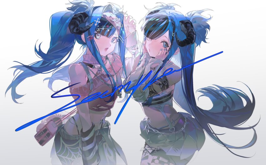 2girls, bag, bare_shoulders, blue_eyes, blue_nails, bracelet, demon_horns, eye_piercing